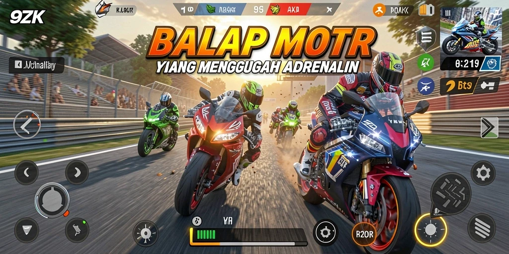 Screenshot gameplay 9ZK menampilkan balapan motor yang cepat dan seru.