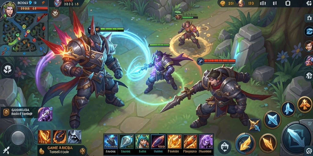 Screenshot gameplay BOSKU33 menampilkan aksi tim yang intens dalam pertempuran MOBA.