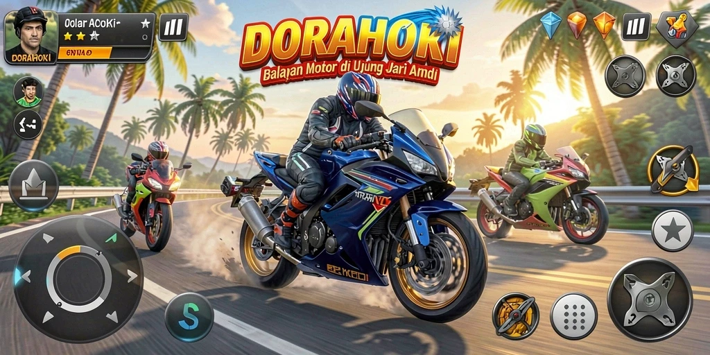 Screenshot DORAHOKI menampilkan aksi balapan motor yang mendebarkan.
