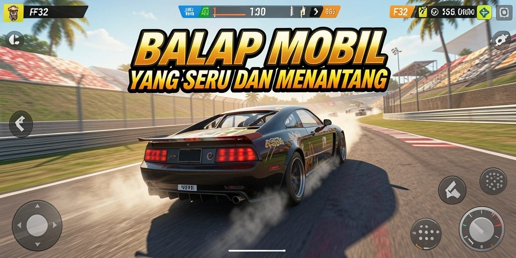 Screenshot F32 menampilkan aksi balap yang seru dan mendebarkan.