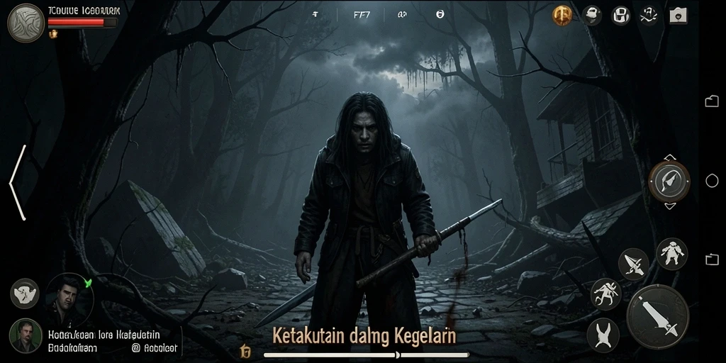 Screenshot gameplay F7F7 menampilkan suasana menyeramkan saat menjelajahi kegelapan.