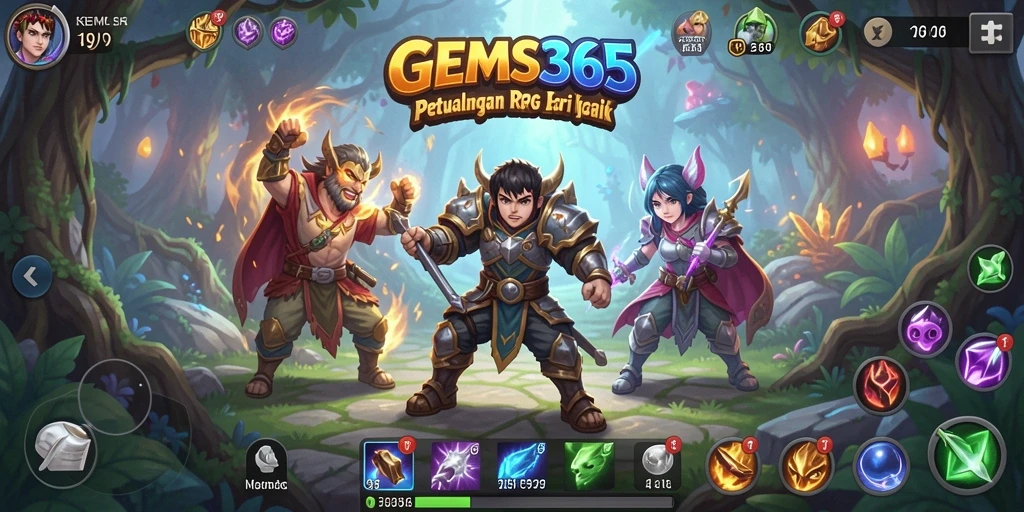 Screenshot gameplay <strong>GEMS365</strong> menunjukkan pertempuran seru di dunia fantasi.