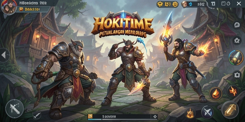 Tangkapan layar utama HOKITIME menampilkan aksi pertarungan ARPG yang mendebarkan.