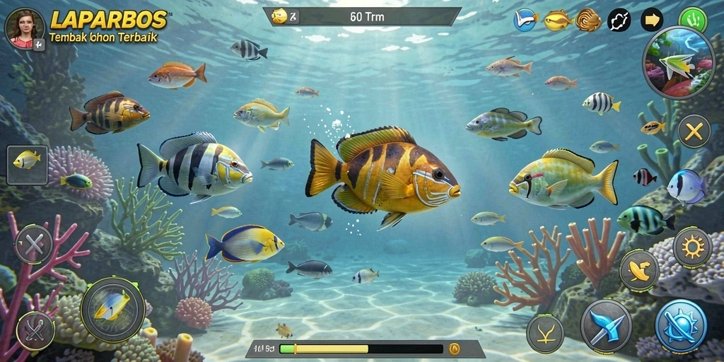 Tampilan gameplay seru LAPARBOS saat menembak ikan.