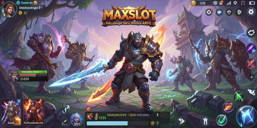 Screenshot gameplay MAXSLOT menunjukkan pertarungan seru di dunia fantasi.