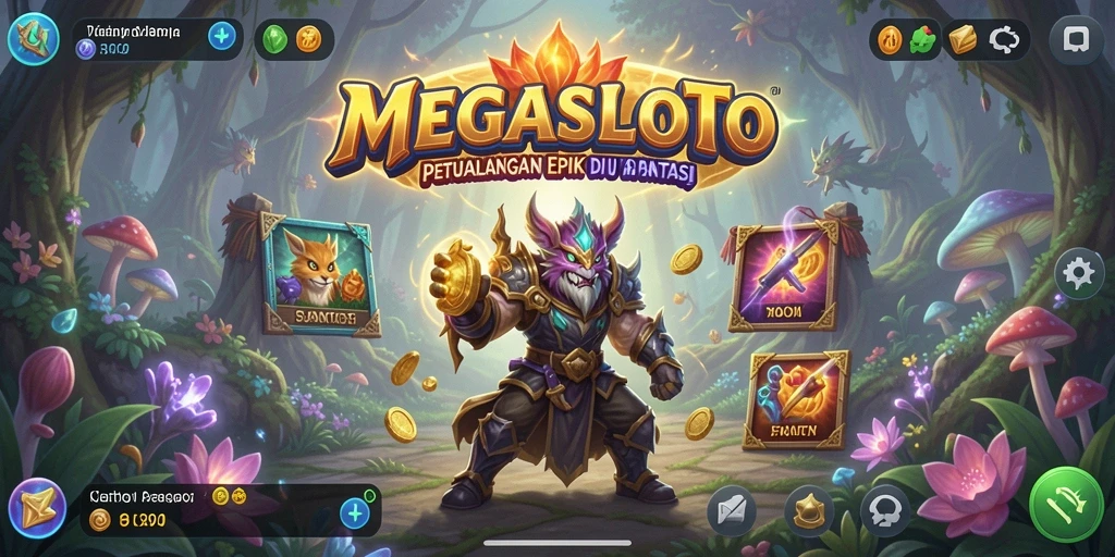Tangkapan layar gameplay MEGASLOTO menampilkan pertarungan epik dan suasana dunia fantasi.