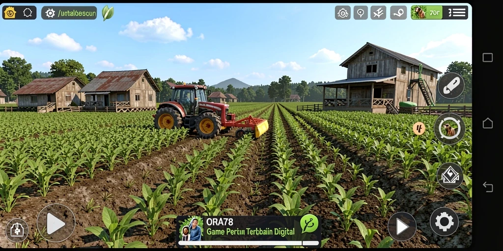 Screenshot gameplay ORA78 menampilkan ladang subur dan hewan peliharaan.