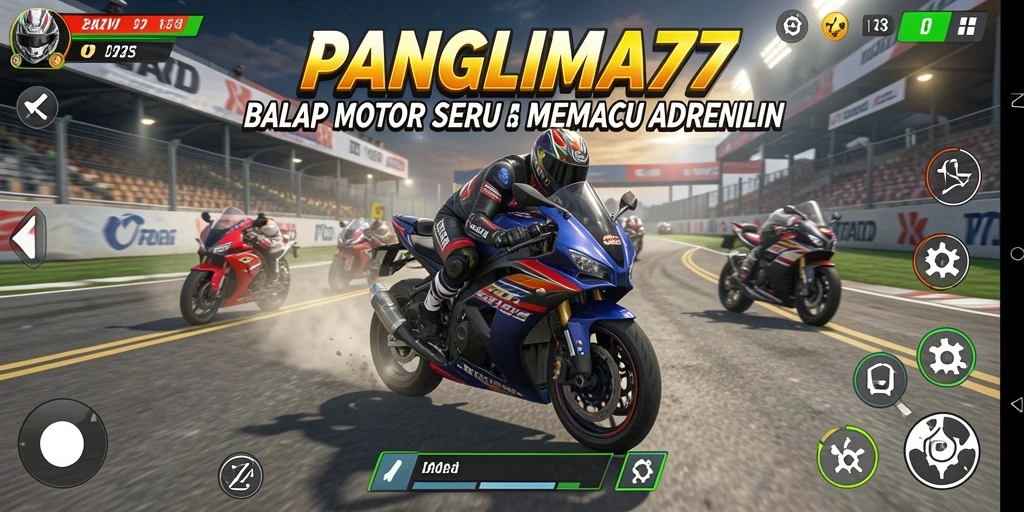 Screenshot utama PANGLIMA77 menampilkan balapan motor yang seru dan cepat.